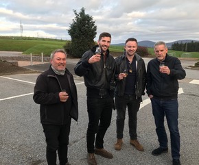 Brian and his friends from England , sharing a chilly dram at Cardhu.
